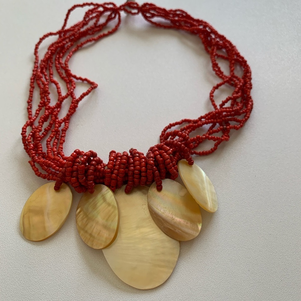 Red Multi-Strand Necklace With Shell Pendants - image 4